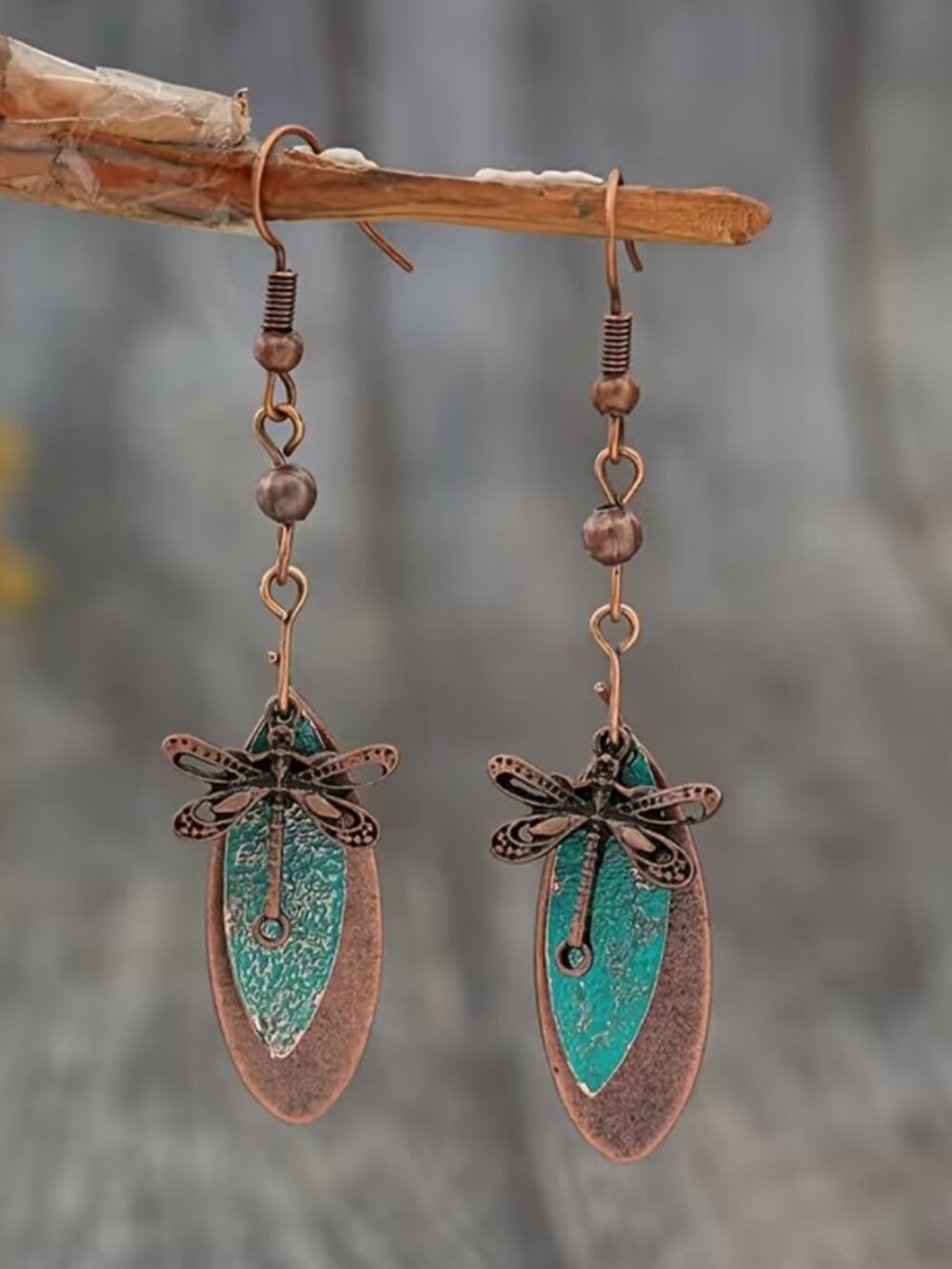 Bohemian Distressed Dragonfly Earring Turquoise Color-Wash Copper Layered Dangle